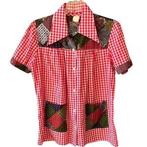 Lady Holiday Vintage Like New 70’s Red Gingham Plaid Mixed Quilted Print Blouse